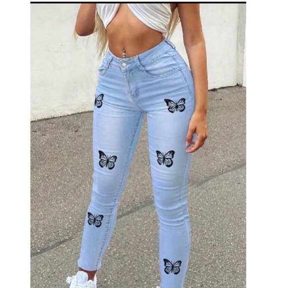 Shein Butterfly Print Casual Skinny Jeans - Picture 2 of 5